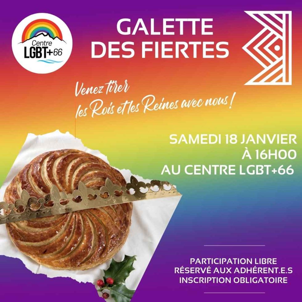 Affiche avec galette des rois sur fond de drapeau LGBT