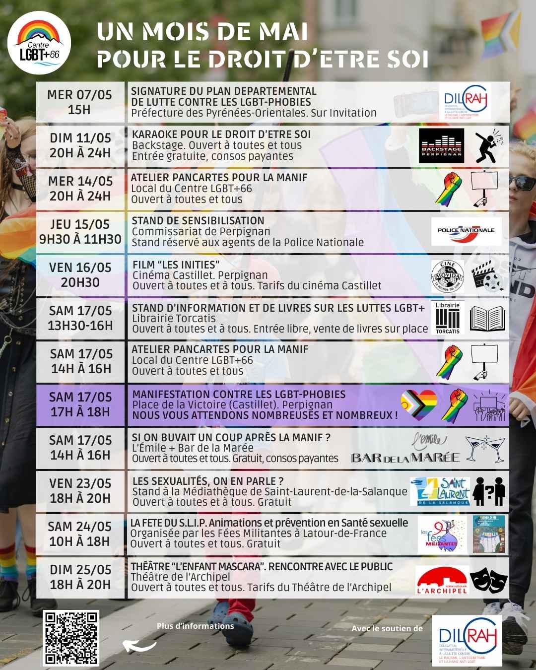 agenda mai sur fond de manifestants LGBT+